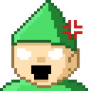 Wizard with a green hat and glowing white eyes shouting with an angry expression.