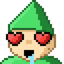 A pixelated wizard with heart-shaped eyes and drool dripping from its mouth.