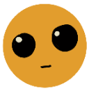 A round, orange creature with large, glossy black eyes and a small, flat mouth expressing intense excitement.