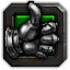 An armored metal gauntlet giving a thumbs up gesture against a green and black background.