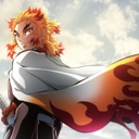 Kyojuro Rengoku looking back over his shoulder while wearing his flame-patterned cape.