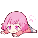 Anime girl with pink hair lying flat on her stomach on the ground looking exhausted.