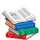 A stack of four colorful books with a single page flipping back and forth in a pixel art style.