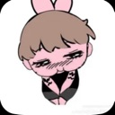 Anime girl with pink skin and bunny ears looking skeptical with half-closed eyes.