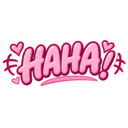 The word HAHA! written in a bubbly pink font surrounded by small pink hearts.