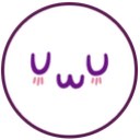 A white circular face with purple eyes and a w-shaped mouth, featuring small pink blush marks on the cheeks.