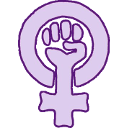 A purple female gender symbol with a raised fist in the center.