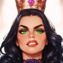 A queen with long dark hair and a gold crown gives a piercing, judgmental stare with glowing green eyes.