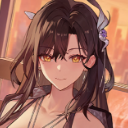 Anime girl with long brown hair and golden eyes smiling gently.
