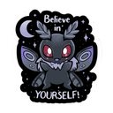 A cute, fuzzy black moth with glowing red eyes and purple wings stands beneath a crescent moon and stars, with the text Beli…