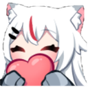 Anime girl with white hair and cat ears smiling happily while holding a pink heart.