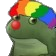 A green frog character wearing a rainbow-colored clown wig and a round red nose.