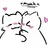 Two abstract figures leaning in to kiss with small pink hearts floating nearby.