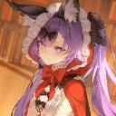 Anime girl with purple hair and wolf ears wearing a red hood looking directly at the viewer with a serious expression.