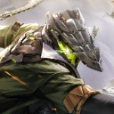 A futuristic warrior wearing a metallic helmet with glowing green energy elements.