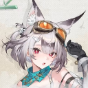 Anime girl with gray hair and fox ears wearing orange goggles looks forward with a curious expression.