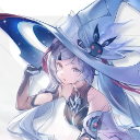 Anime girl with blue hair wearing a large blue witch hat looking forward with a curious expression.