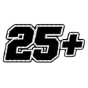 Number 25 followed by a plus sign in a bold, white-outlined font against a black background.