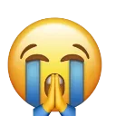 Yellow smiley face with closed eyes and blue tears streaming down its cheeks while holding its hands together in a prayer ge…