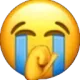 Yellow emoji face laughing with tears streaming down while holding a hand over its mouth.