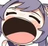 Anime girl with purple hair laughing with her mouth wide open.