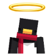 A pixel-art penguin wearing a red scarf and a glowing golden halo above its head.