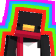 A pixelated penguin wearing a red scarf surrounded by a glowing rainbow aura.