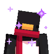 A pixelated penguin wearing a red scarf surrounded by glowing purple stars.
