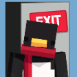 A blocky penguin wearing a red scarf standing in front of a gray exit door.