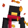 A pixel-art penguin wearing a red scarf stands while autumn leaves fall around it.