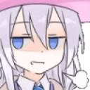 Anime girl with white hair and blue eyes looking sideways with an expression of deep suspicion and annoyance.
