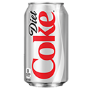 A silver soda can with red text standing upright.