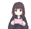 An anime girl with brown hair wearing a black hoodie holds a pink camera and takes photos with a flashing effect.