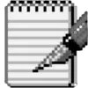 Notepad with lined paper and a pen resting on it in a retro pixel-art style.