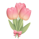 A small bouquet of three pink tulips tied together with a pink ribbon.