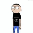 A cartoon character with a bald head and a black shirt looking upward with a blank, unimpressed expression.