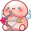 A cute pink rounded cupid character with small wings holding a bow and a heart-tipped arrow.