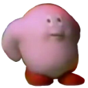 Kirby with a blank, deadpan expression stares directly forward.