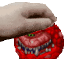 A human hand gently petting the head of a red, one-eyed Cacodemon monster.