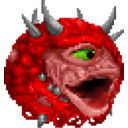 A red, spherical Cacodemon monster with one green eye and a wide, open-mouthed expression of excitement.