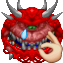 A red pixelated monster with a green eye crying a single blue tear while holding up an okay hand gesture.
