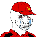 Wojak character wearing a red fast food hat and shirt, crying with red eyes and a strained expression.