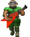 A pixelated space marine in green armor playing a red electric guitar.