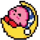 A round pink creature wearing a striped nightcap sleeping peacefully on a yellow crescent moon.