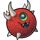 A round red monster with sharp white spikes and a single green eye smiling with visible teeth.