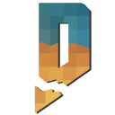 Letter D in pixel art style filled with a blue sky and brown desert landscape.