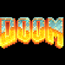 The word DOOM repeated four times in a stylized, fiery orange and yellow pixel font.