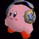 Kirby wearing blue and gold star-themed headphones while smiling.