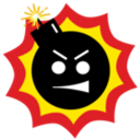 Bomb with a lit fuse and an angry facial expression on a red and yellow starburst background.