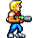 Blonde man in a blue shirt holding a green blaster in a retro pixel art style.